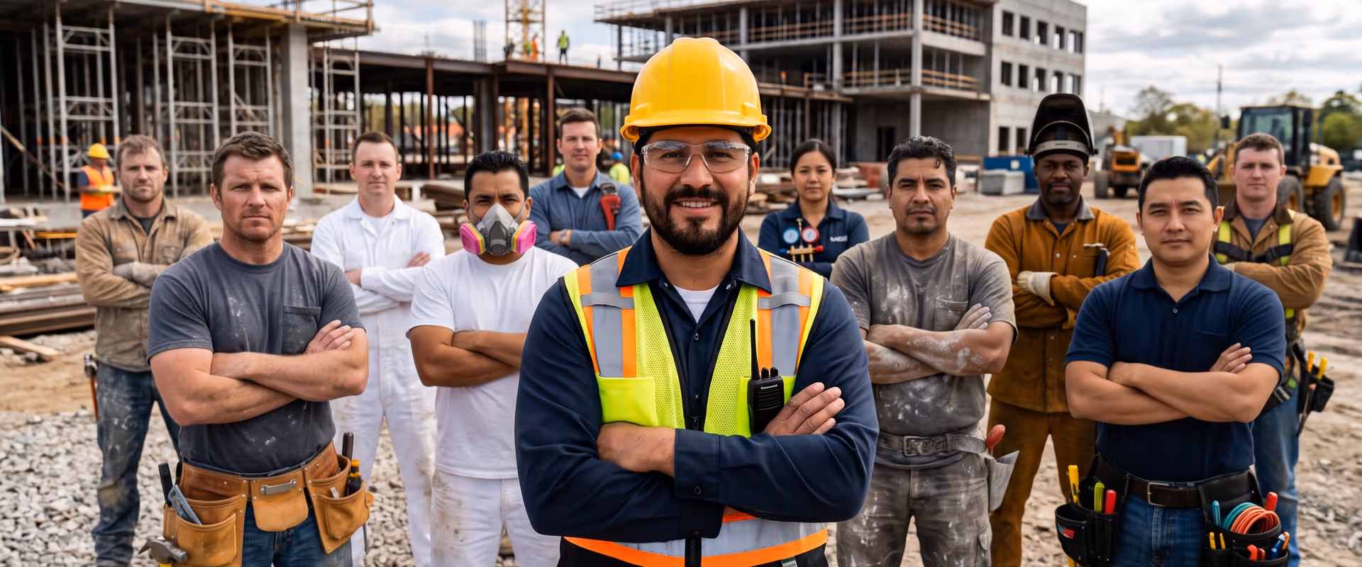 Electricians, plumbers, painters, carpenters and other tradespeople standing together on a New England construction site